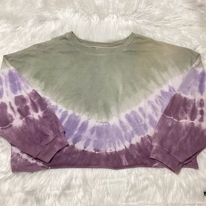 IT’S Women’s Green Purple White Tie Dye Cropped Sweatshirt Long Sleeves